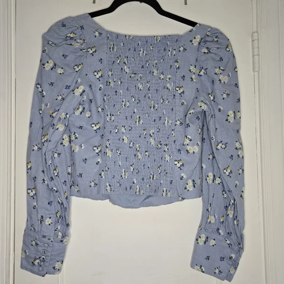 Blue Corset Style Floral Long Sleeve Crop Top - Women's Medium - Picture 6 of 9